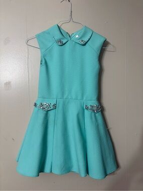 Girls Turquoise Embellished Fit-and-Flare Dress